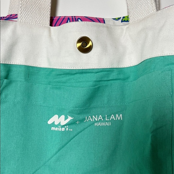 Maika’i + Jana Lam Hawaii Hibiscus Pink Lime Green Tote Bag - Picture 2 of 5